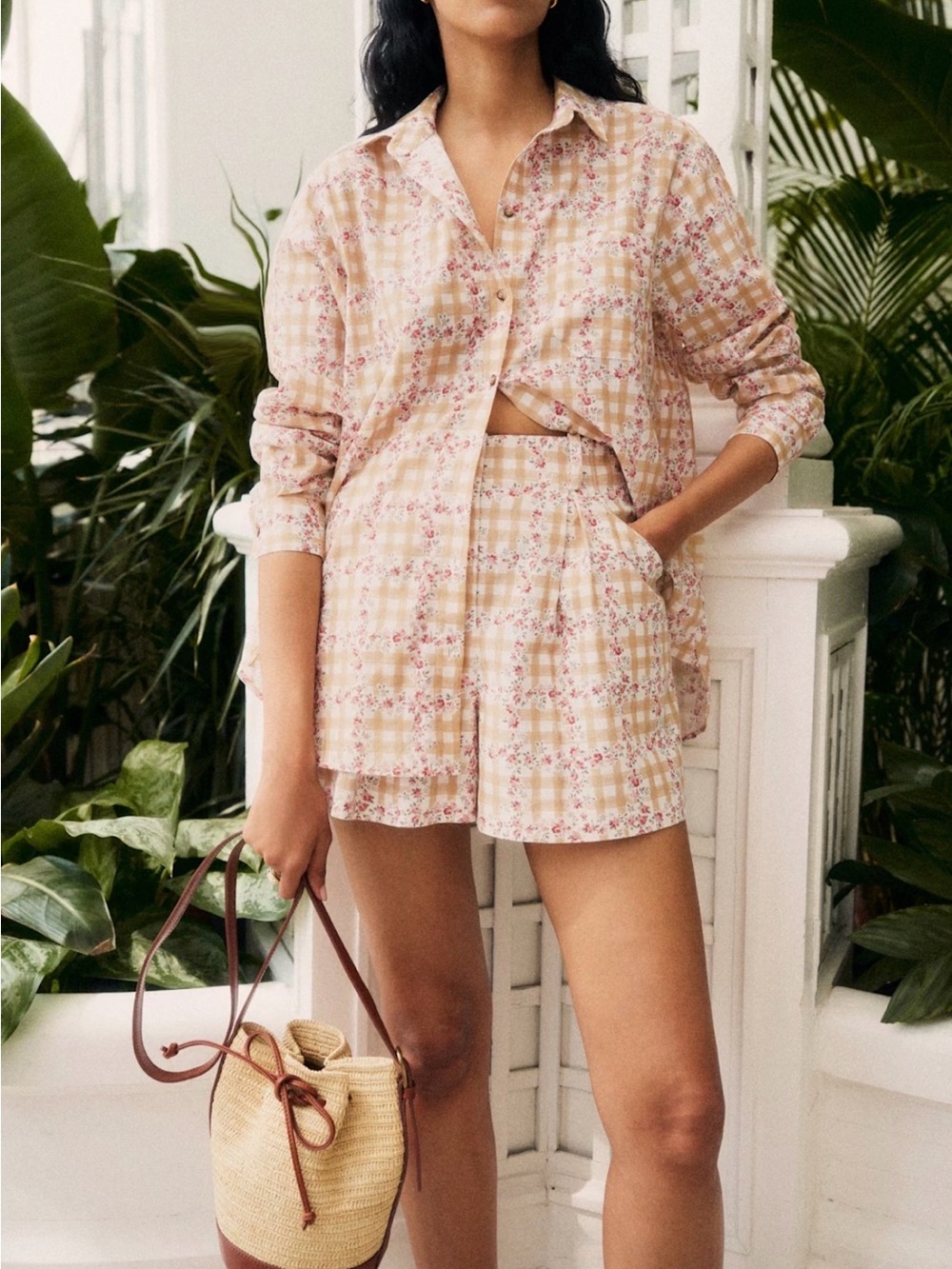 Sezane Max Shirt Women’s Beige Gingham and Floral 44 Oversized 12